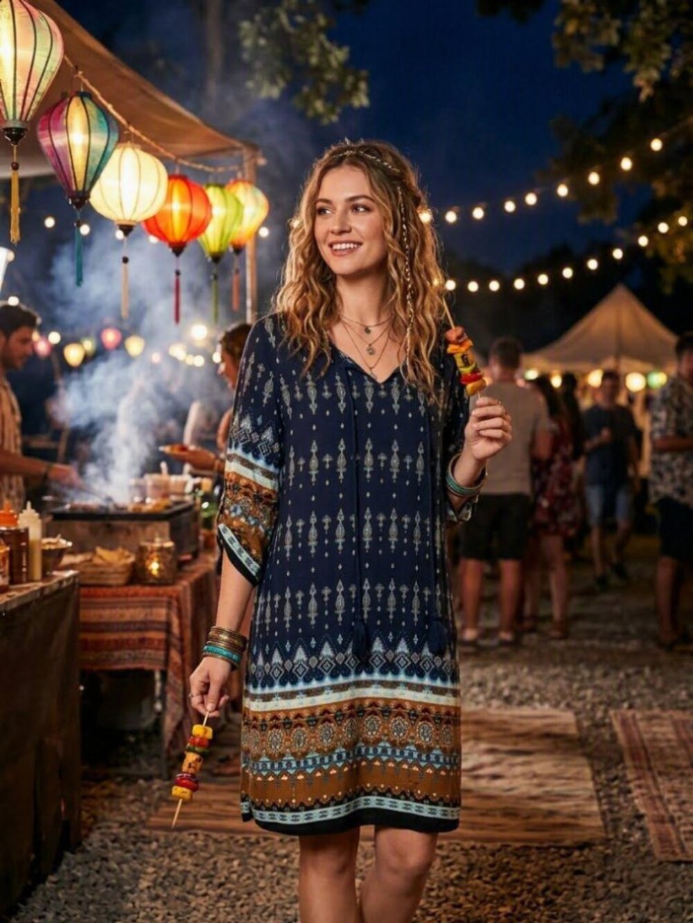Boho Patterned Tassel Tie V-Neck Tunic Dress Blue Orange Print / L